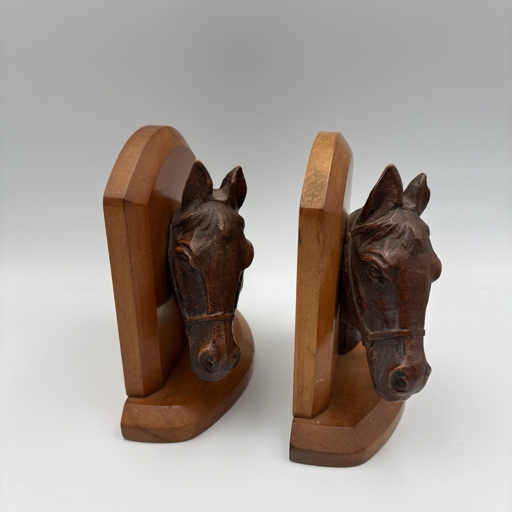 SYROCO Wood Bookends Western Stallion Horse Head Vintage MCM Interior Home Decor